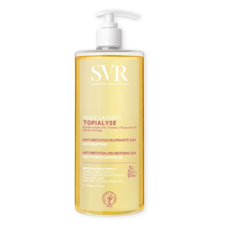 SVR TOPIALYSE HUILE LAVANTE. Anti-Irritation Lipid-Restoring 24H Anti-Itching Cleansing Oil. Pesuvahend sügeleva, väga kuiva, atoopilise näo-, kehanaha ja juuste hoolduseks pumppudelis 1000ml