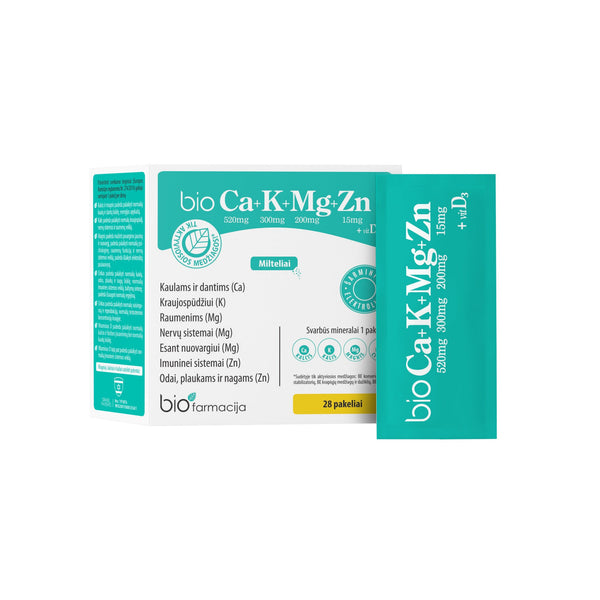 Biofarmacija bioCa+K+Mg+Zn + vitamiin D3, pulber. 28tk, netomass 131,6g