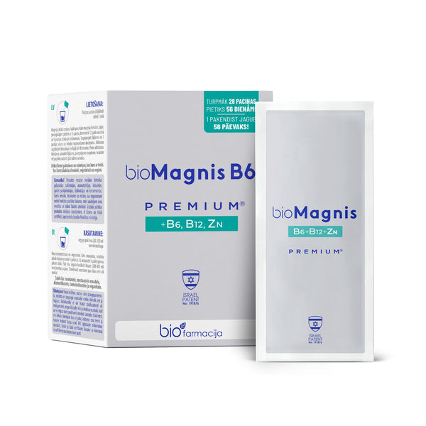 Biofarmacija bioMAGNIS B6 premium + B6, B12, Tsink, pulber. 28tk x 2.4g