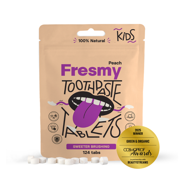 Fresmy Peach Toothpaste Tablets for Kids. Virsikumaitselised hambapastatabletid lastele 124tk