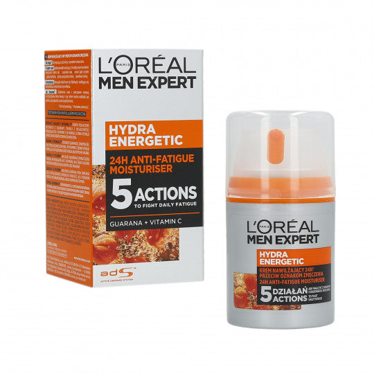 L'Oréal Paris Men Expert Hydra Energetic 24H Anti-Fatigue Moisturizer 5 Actions. Väsimusmärkide vastane niisutav näoemulsioon C-vitamiiniga, meestele 50ml