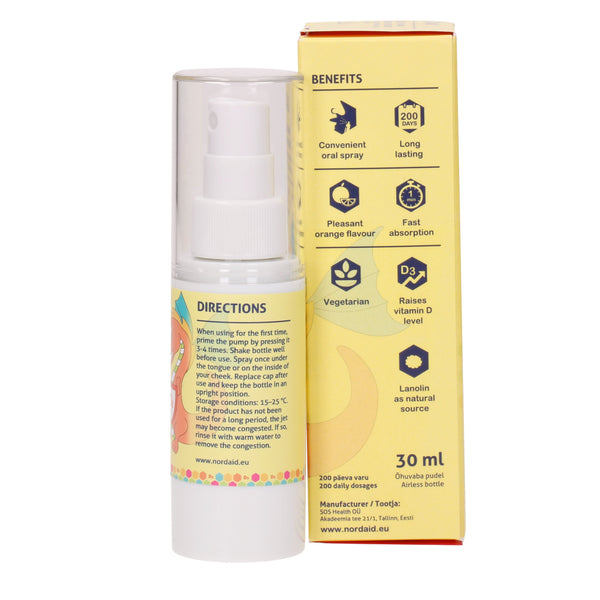 Nordaid D 400 Oral Vitamin D Spray For Babies 10 mcg. D-vitamiini sprei magusainega lastele 30ml