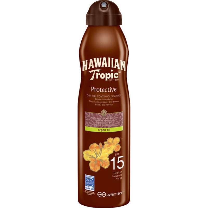 Hawaiian Tropic Protective Dry Oil Continuous Spray SPF15, Argan Oil. Kuivõli päikesekaitsesprei argaaniaõli 177ml