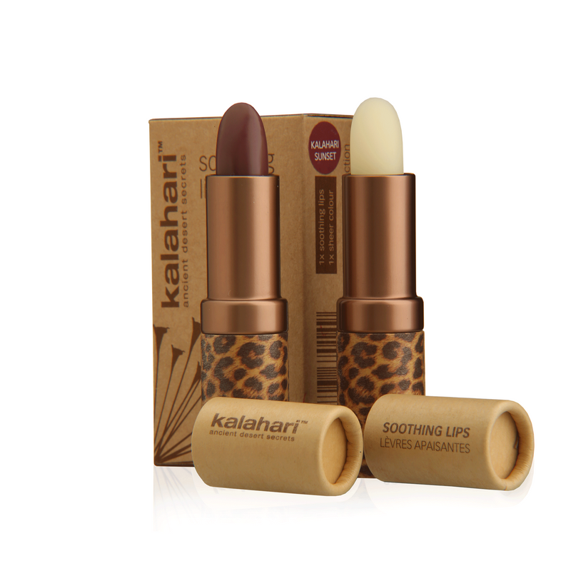 Kalahari Soothing Lips Set. Huulepulgakomplekt: Desert Rose (lõheroosa ja läbipaistev) 2x5g või Kalahari Sunset (tumelilla ja läbipaistev) 2x5g (erinevad toonid)