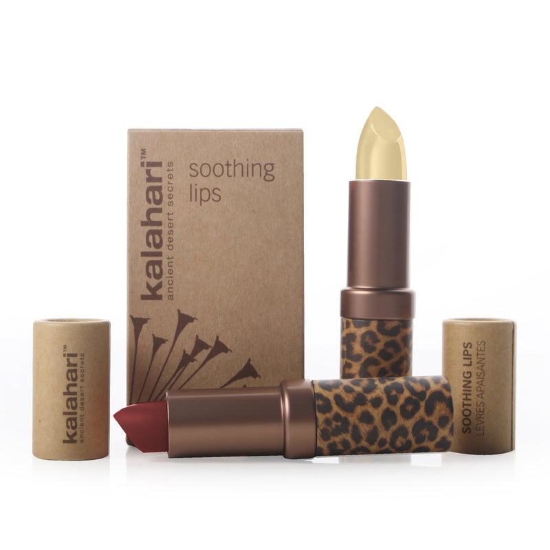 Kalahari Soothing Lips Set. Huulepulgakomplekt: Desert Rose (lõheroosa ja läbipaistev) 2x5g või Kalahari Sunset (tumelilla ja läbipaistev) 2x5g (erinevad toonid)