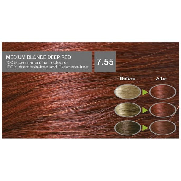 Naturigin Organic Based 100% Permanent Hair Colours Medium Blonde Deep Red 7.55. Püsijuuksevärv keskmine blond sügavpunase varjundiga 115ml