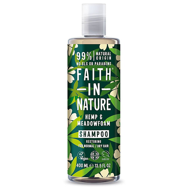 Faith In Nature Restoring Shampoo Hemp & Meadowfoam For Normal/Dry Hair. Taastav šampoon kanepiõli ja valge soolille ekstraktiga normaalsetele/kuivadele juustele 400ml