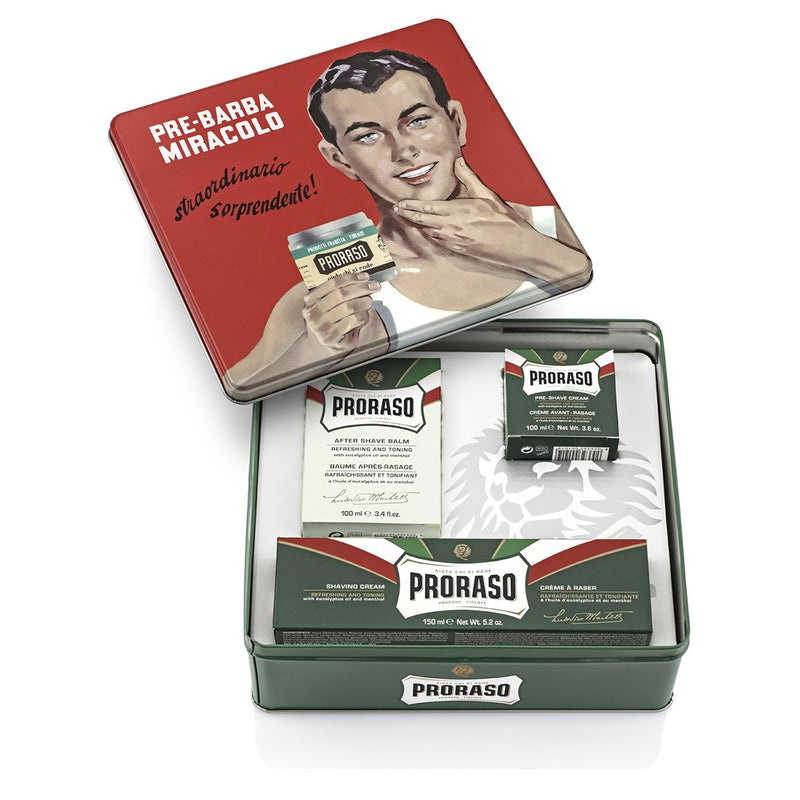 Proraso Gino Set For Beard Shaving Refreshing And Toning Eucalyptus Oil And Menthol. Habemeajamiskomplekt Gino värskendav eukalüptiõli ja mentool 100ml/150ml/100ml