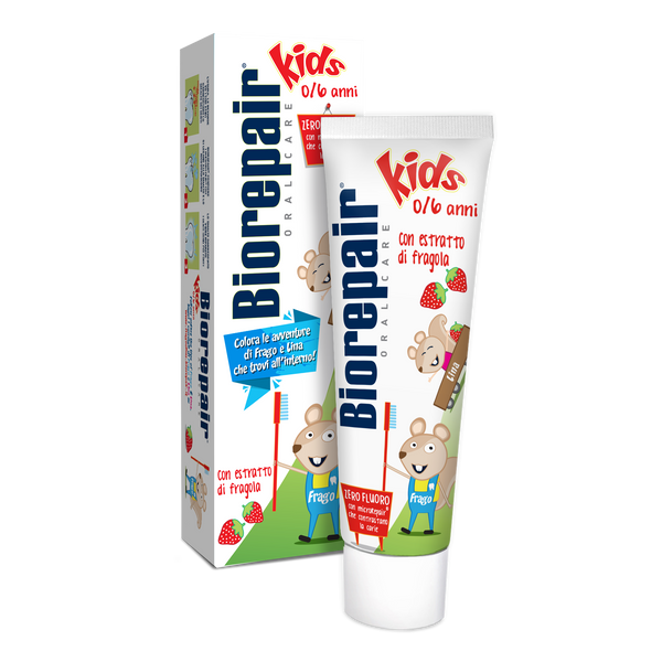 Biorepair Kids 0-6Y Toothpaste, Strawberry. Fluoriidivaba metsmaasikamaitseline hambapasta lastele 0-6a 50ml