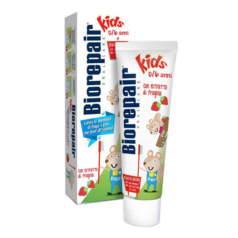 Biorepair Kids 0-6Y Toothpaste, Strawberry. Fluoriidivaba metsmaasikamaitseline hambapasta lastele 0-6a 50ml