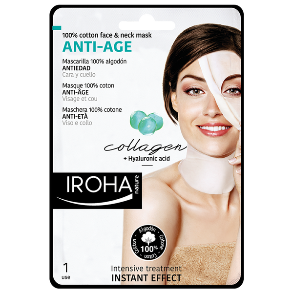 Iroha Nature Anti-Age 100% Cotton Face And Neck Sheet Collagen. Puuvillakangast näo- ja kaelamask kollageeniga 1tk