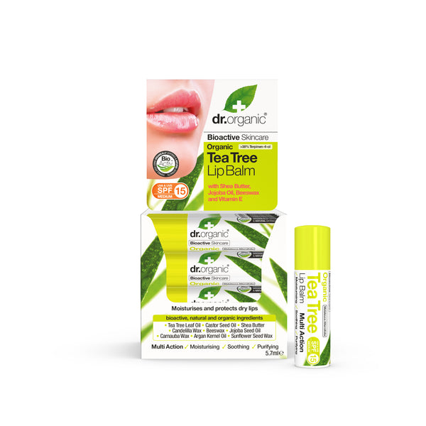 Dr Organic Tea Tree Lip Balm SPF15. Teepuuõli niisutav huulepalsam SPF15 5.7ml