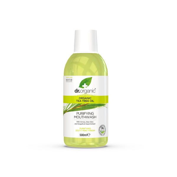 Dr Organic Tea Tree Oil Purifying Mouthwash. Teepuuõli mündimaitseline suuvesi 500ml